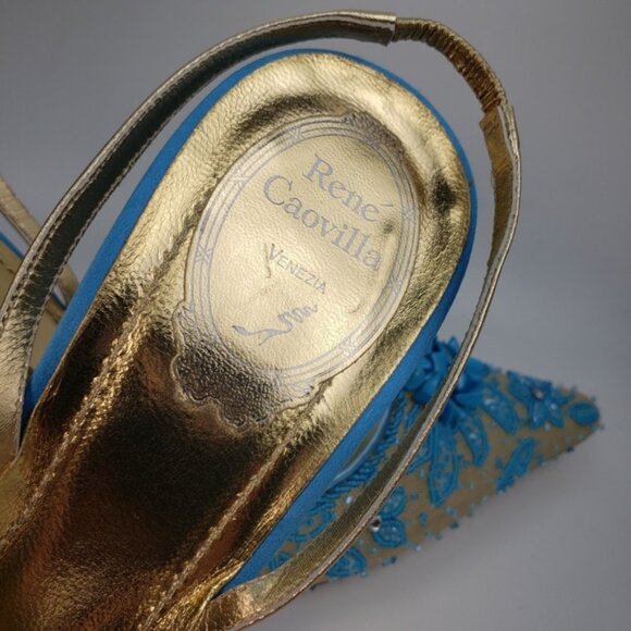 Rene Caovilla Tan w Turquoise Stones Heel Sling sz 8.5 / 39 - Picture 12 of 15